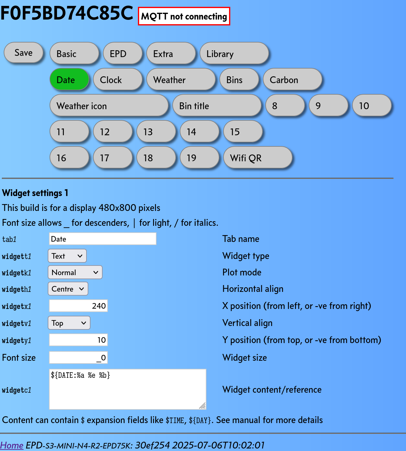 A screenshot of the EPD’s web configuration interface. It shows buttons at the top for general configuration, and then 20 buttons for individual widgets. The first widget, configuring the date, is selected, showing settings for widget position, alignment, font size and date format.